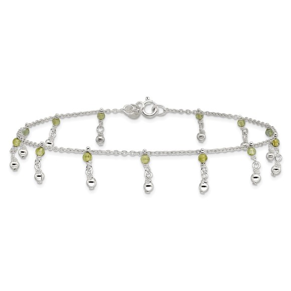 Sterling Silver Peridot August Birthstone Dangling Beads Anklet, 9 inches - Picture 4 of 7